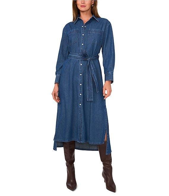 1. STATE Button Front Collared V-Neckline Long Sleeve Shirt Dress Product Image