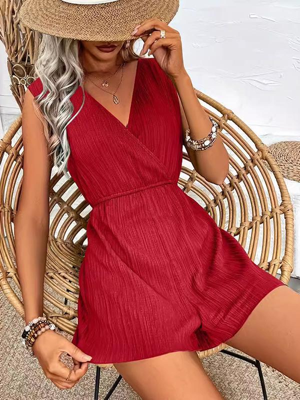 Loose Sleeveless Elasticity Pleated Solid Color Split-Joint V-Neck Rompers Product Image