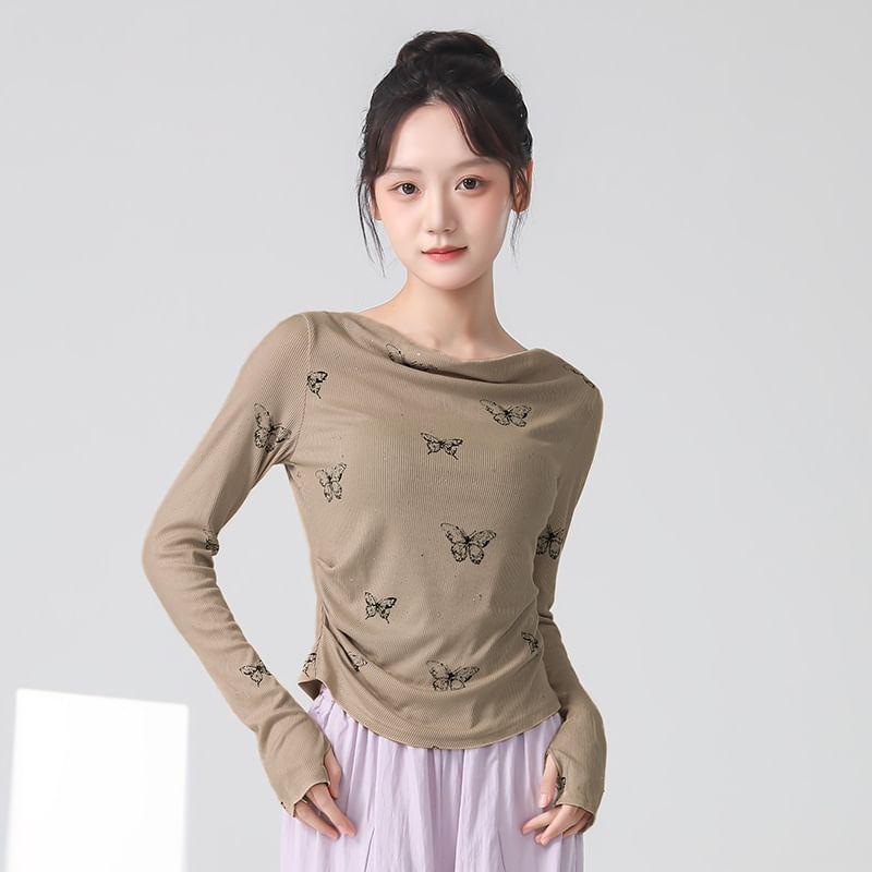 Long-Sleeve Boatneck Thumbhole Butterfly Print Top Product Image