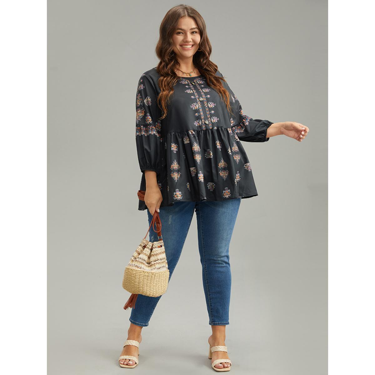 Plus Size Black Boho Print Lantern Sleeve Button Detail Blouse Women Vacation Elbow-length sleeve Round Neck Vacation Blouses BloomChic 12/L Product Image