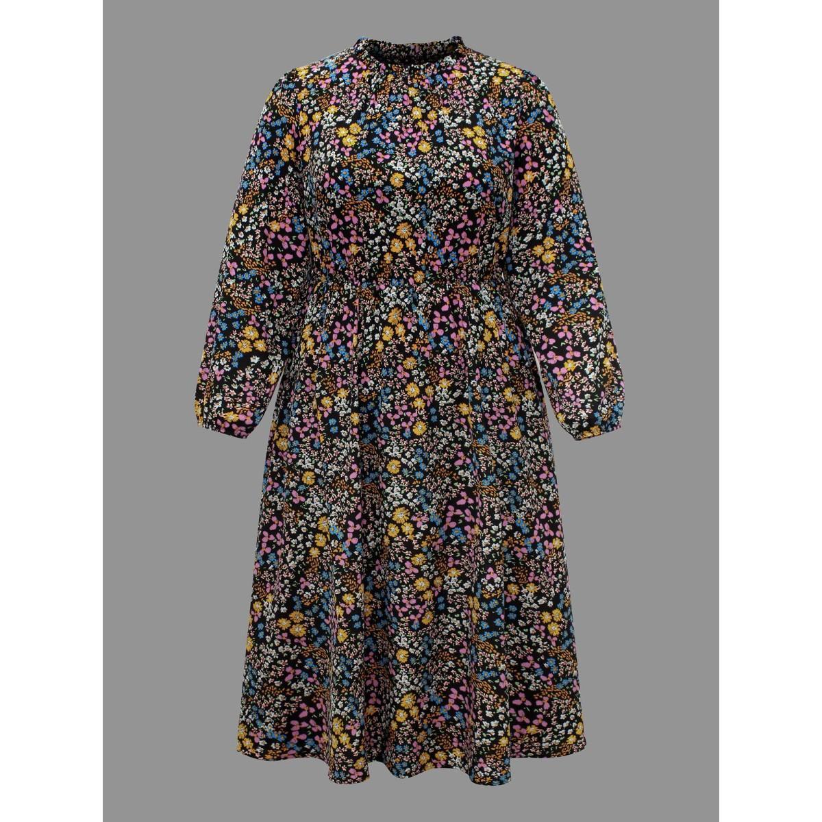 Plus Size Floral Ruffles Mock Neck Elastic Waist Midi Dress BlackFlower Women Elegant Frill Trim Mock Neck Long Sleeve Curvy BloomChic 28/5X Product Image