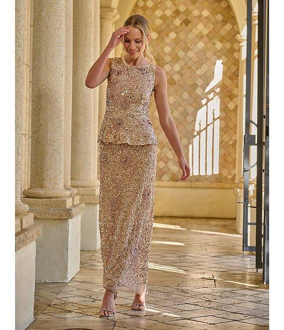 Adrianna Papell Beaded Mesh Boat Neck Sleeveless Peplum Gown Product Image