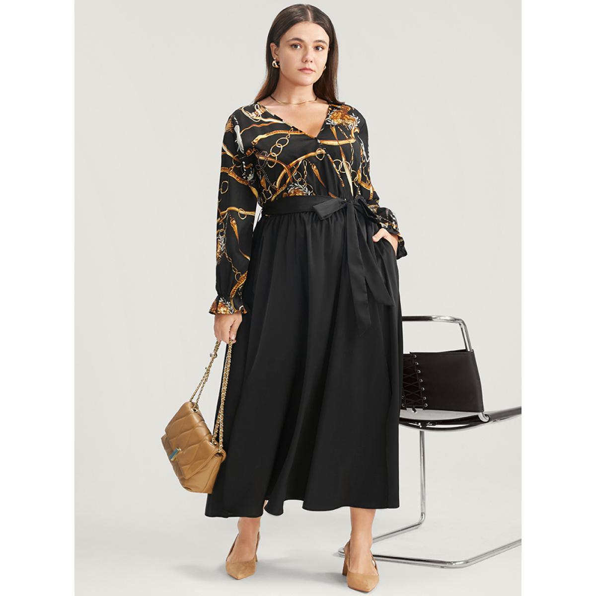 Plus Size Chain Print V Neck Pocket Lantern Sleeve Belted Split Dress Black Women Elegant Pocket V-neck Long Sleeve Curvy Midi Dress BloomChic 26/4X Product Image