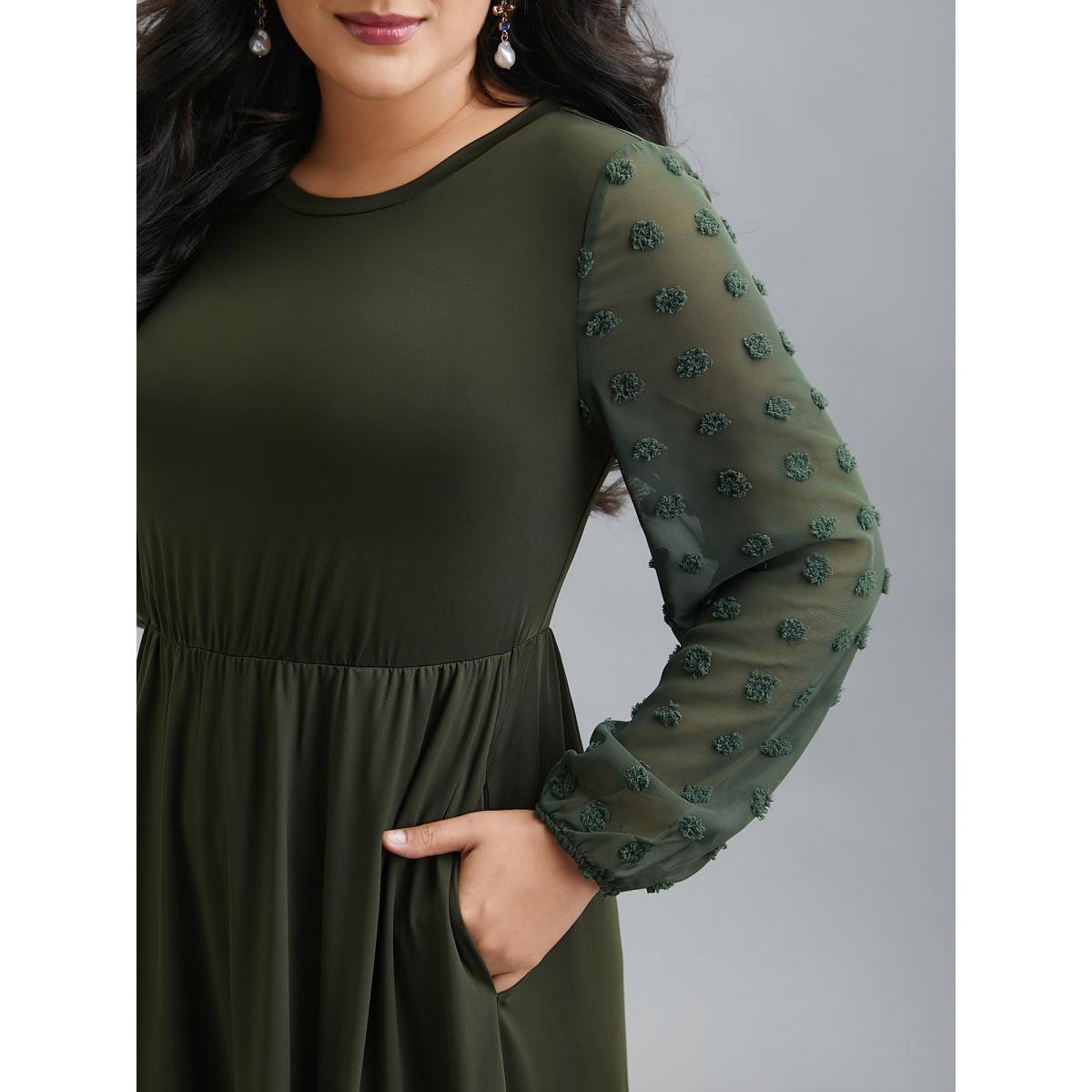 Plus Size Sheer Chiffon Textured Waist-Defined Midi Dress ArmyGreen Women Elegant Texture Round Neck Extra Long Sleeve Curvy BloomChic 18-20/2X Product Image