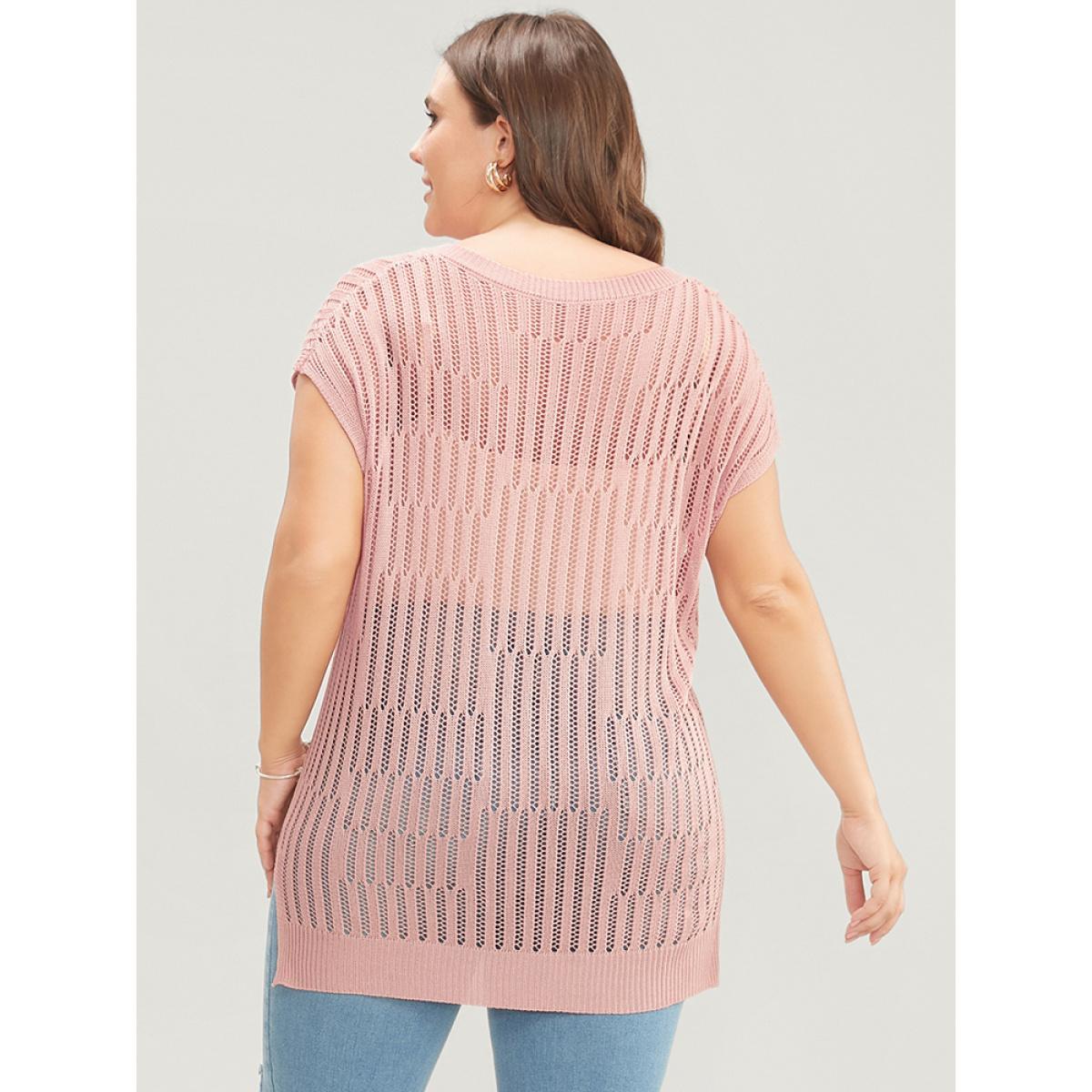 Plus Size Plain Vertical Striped Cut Out Split Hem Knit Top Coral Women Casual Sleeveless V-neck Dailywear Pullovers BloomChic 18-20/2X Product Image