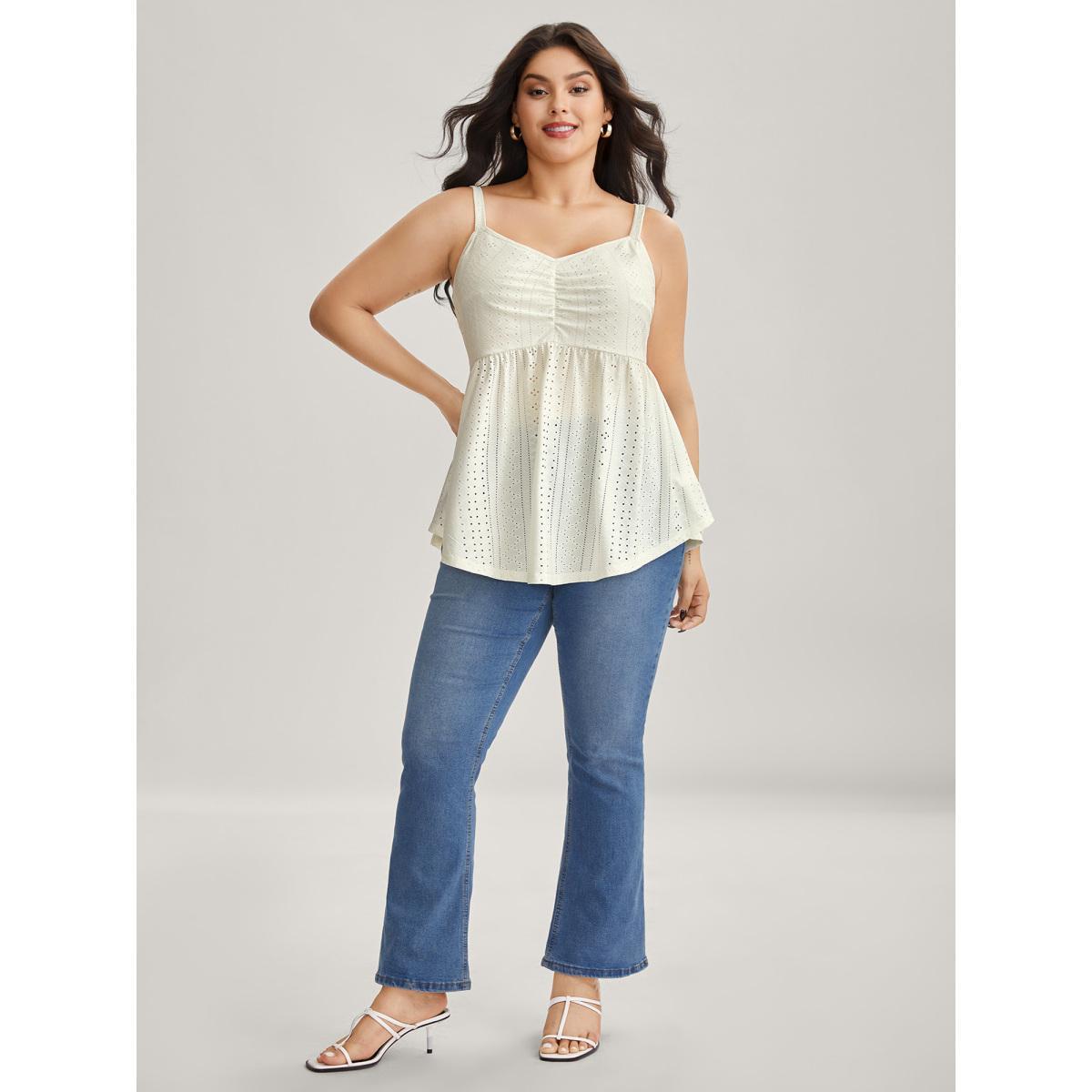 Plus Size Eyelet Trim Ruched Tank Top Women Beige Texture V-neck Everyday-Elegant Tank Tops Camis BloomChic 18-20/2X Product Image