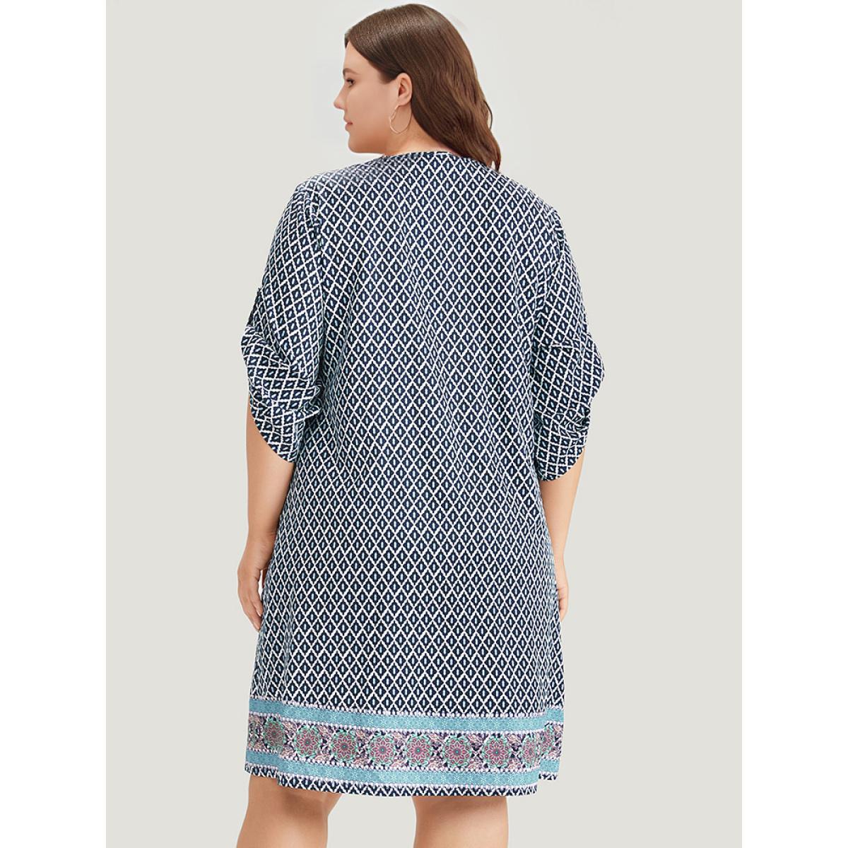 Plus Size Bandana Print Pocket Button Knot Neck Dress DarkBlue Women Vacation Button V-neck Elbow-length sleeve Curvy Knee Dress BloomChic 28/5X Product Image