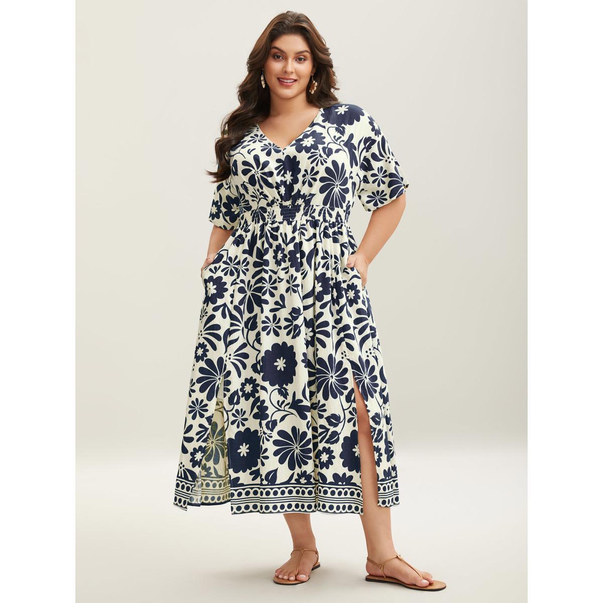 Plus Size Large Floral Print Pockets Midi Dress Indigo Women Slit V-neck Short sleeve Curvy BloomChic 22-24/3X Product Image