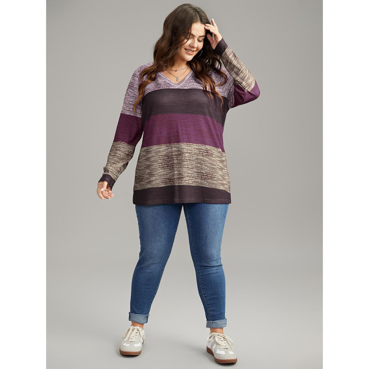 Plus Size Striped Colorblock Contrast V Neck T-shirt Purple Women Casual Contrast Colorblock V-neck Everyday T-shirts BloomChic 30/6X Product Image