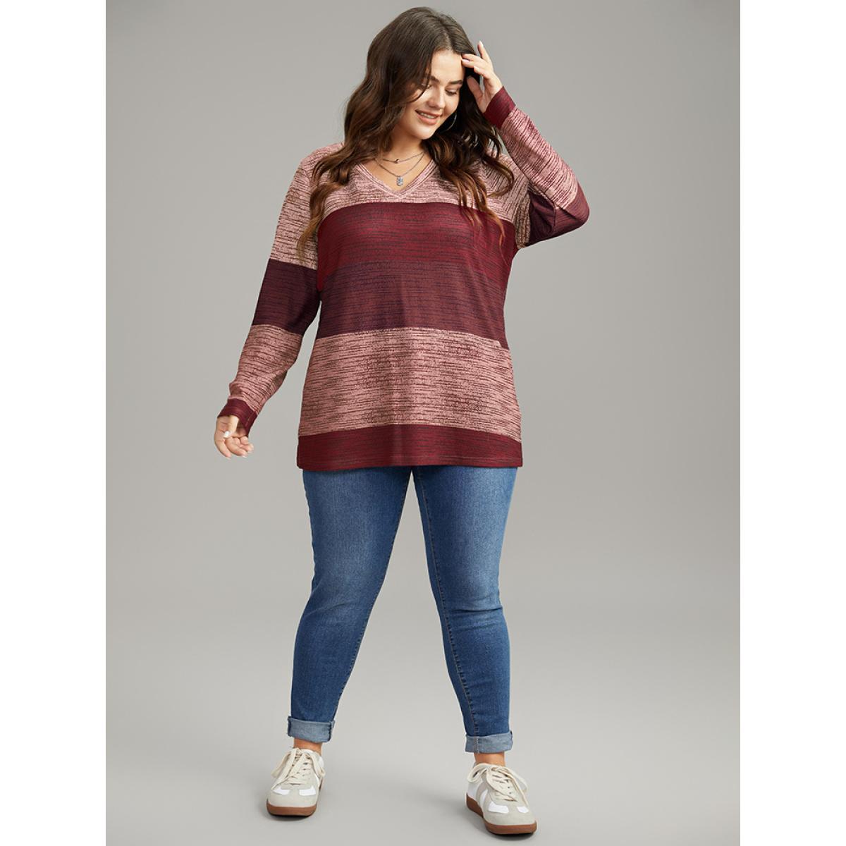 Plus Size Striped Colorblock Contrast V Neck T-shirt Red Women Casual Contrast Colorblock V-neck Everyday T-shirts BloomChic 18-20/2X Product Image