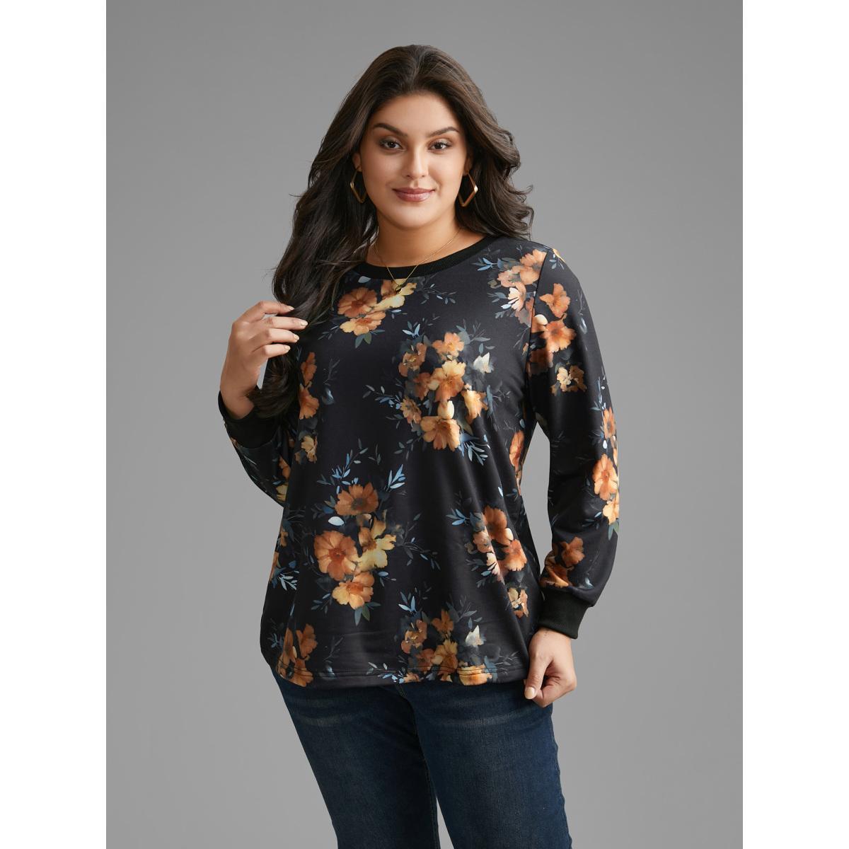 Plus Size Round Neck Natural Flowers Slightly Stretchy Sweatshirt Women Black Elegant Contrast Round Neck Everyday Sweatshirts BloomChic 28/5X Product Image
