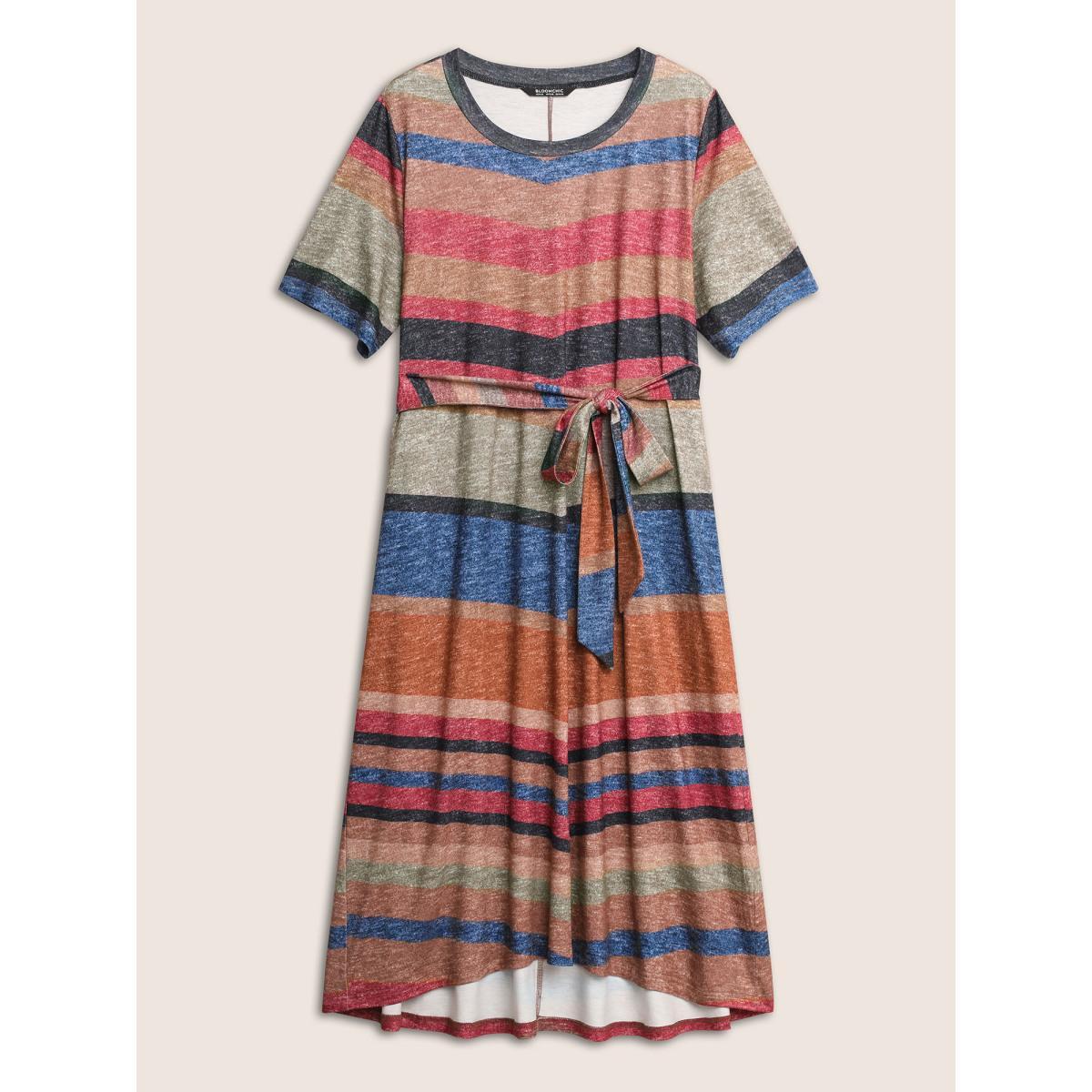 Plus Size Striped Colored Pocket Belted Dress Multicolor Women Casual Non Round Neck Short sleeve Curvy Midi Dress BloomChic 18-20/2X Product Image