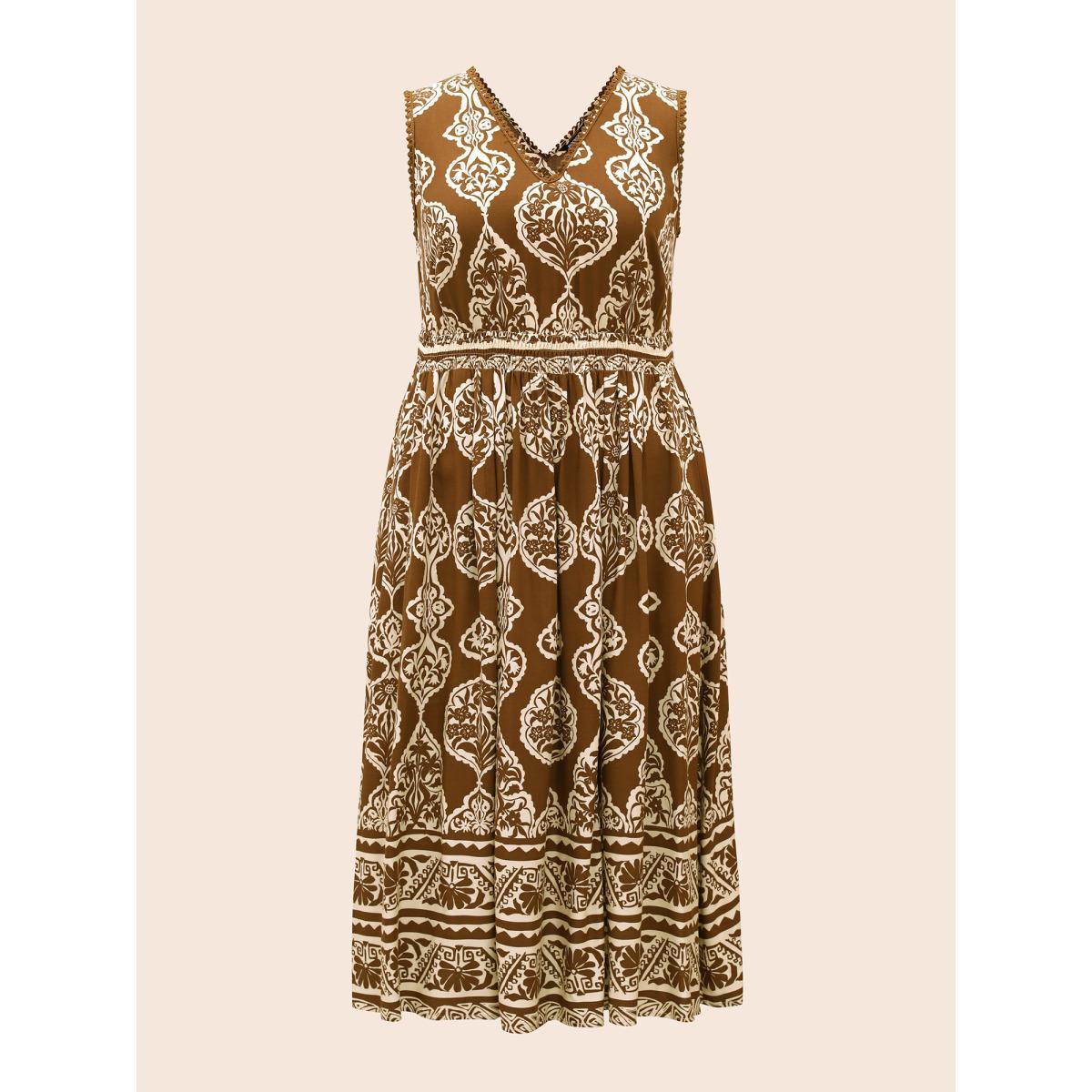 Plus Size Bandana Shirred Pompom Trim Midi Dress Yellowishbrown Women Resort Woven ribbon&lace trim V-neck Sleeveless Curvy BloomChic 26/4X Product Image