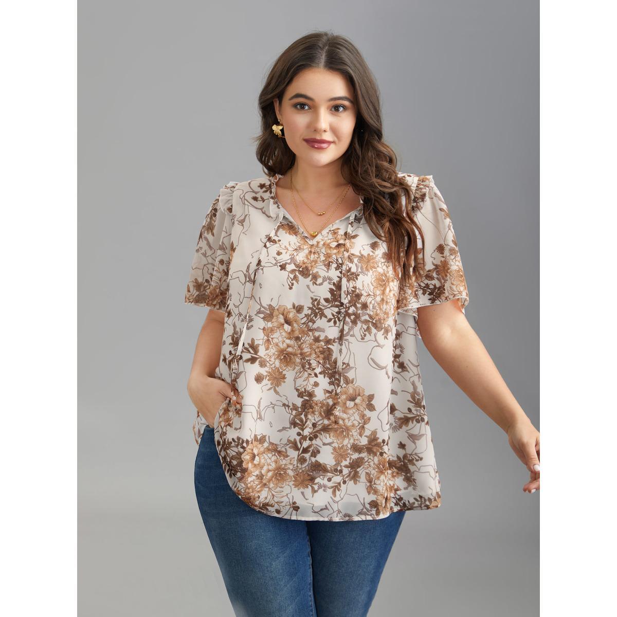 Plus Size WhiteSmoke Floral Print Ruffle Neck Shirt Women Elegant Short sleeve Flat collar with V-notch Everyday Blouses BloomChic 26/4X Product Image
