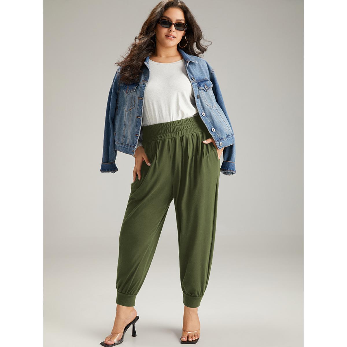Solid Shirred Pocket Harem Sweatpants ArmyGreen Plus Size Women Casual Dailywear Tummy control 10/M Bloomchic Product Image