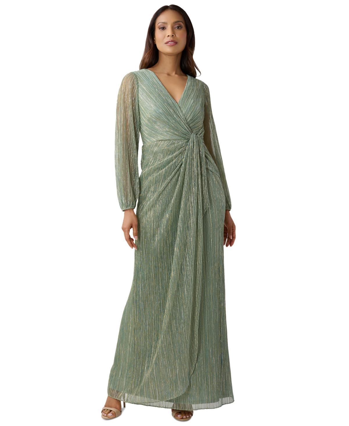 Adrianna Papell Metallic Long Sleeve Surplice V-Neck Ruched Detailed Draped Gown Product Image