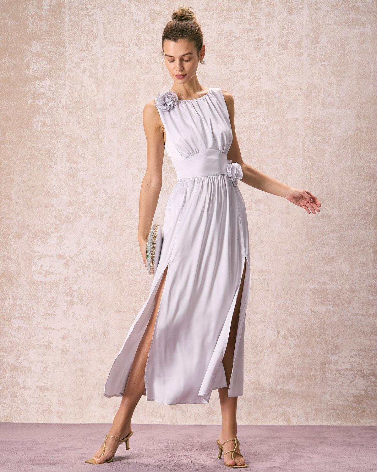 The Silver Boat Neck Floral Satin Maxi Dress Product Image