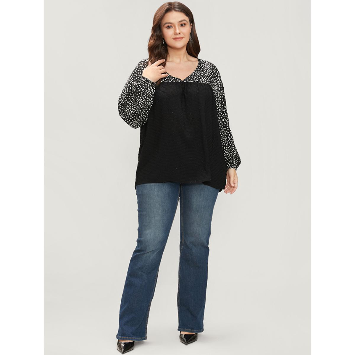 Plus Size Black Leopard Patchwork Raglan Sleeve V Neck Blouse Women Elegant Long Sleeve V-neck Dailywear Blouses BloomChic 18-20/2X Product Image