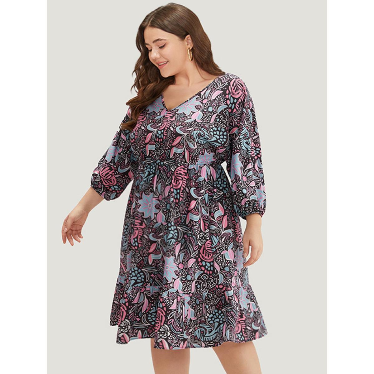 Plus Size Floral Print Lantern Sleeve Elastic Waist Dress Multicolor Women Vacation Elastic cuffs V-neck Elbow-length sleeve Curvy Midi Dress BloomChic 26/4X Product Image