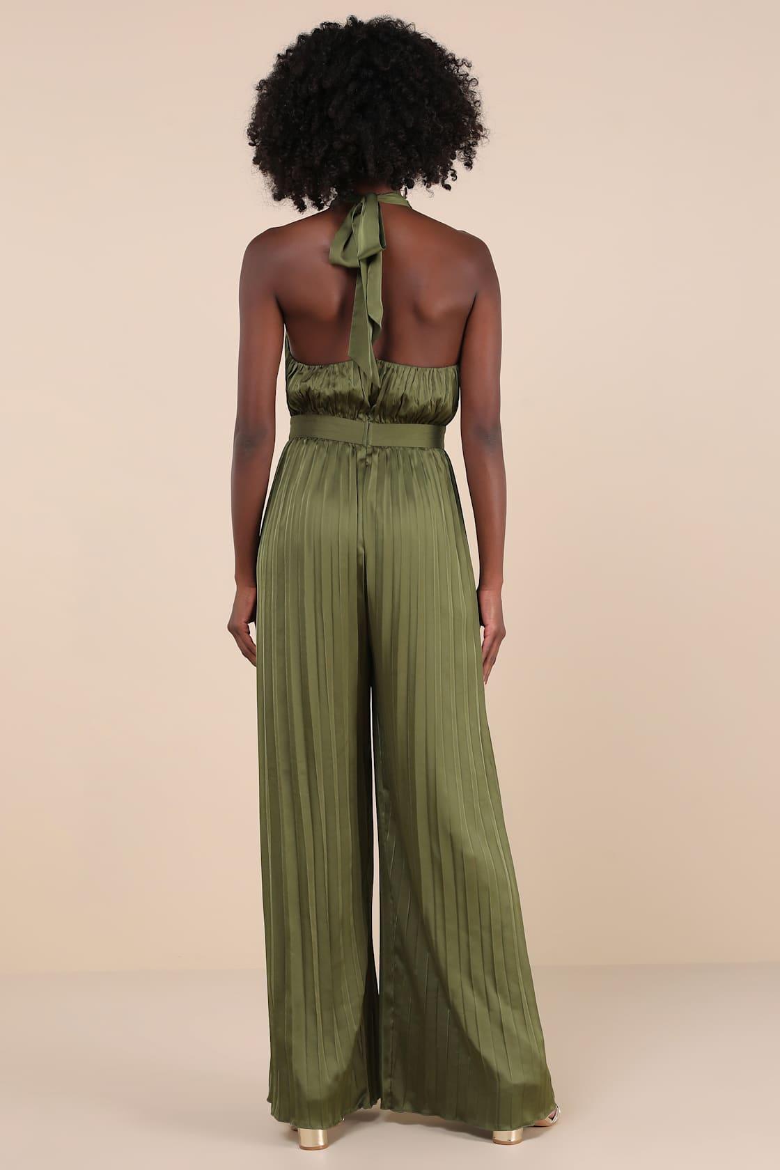 Confident Impression Olive Green Satin Pleated Halter Jumpsuit Product Image