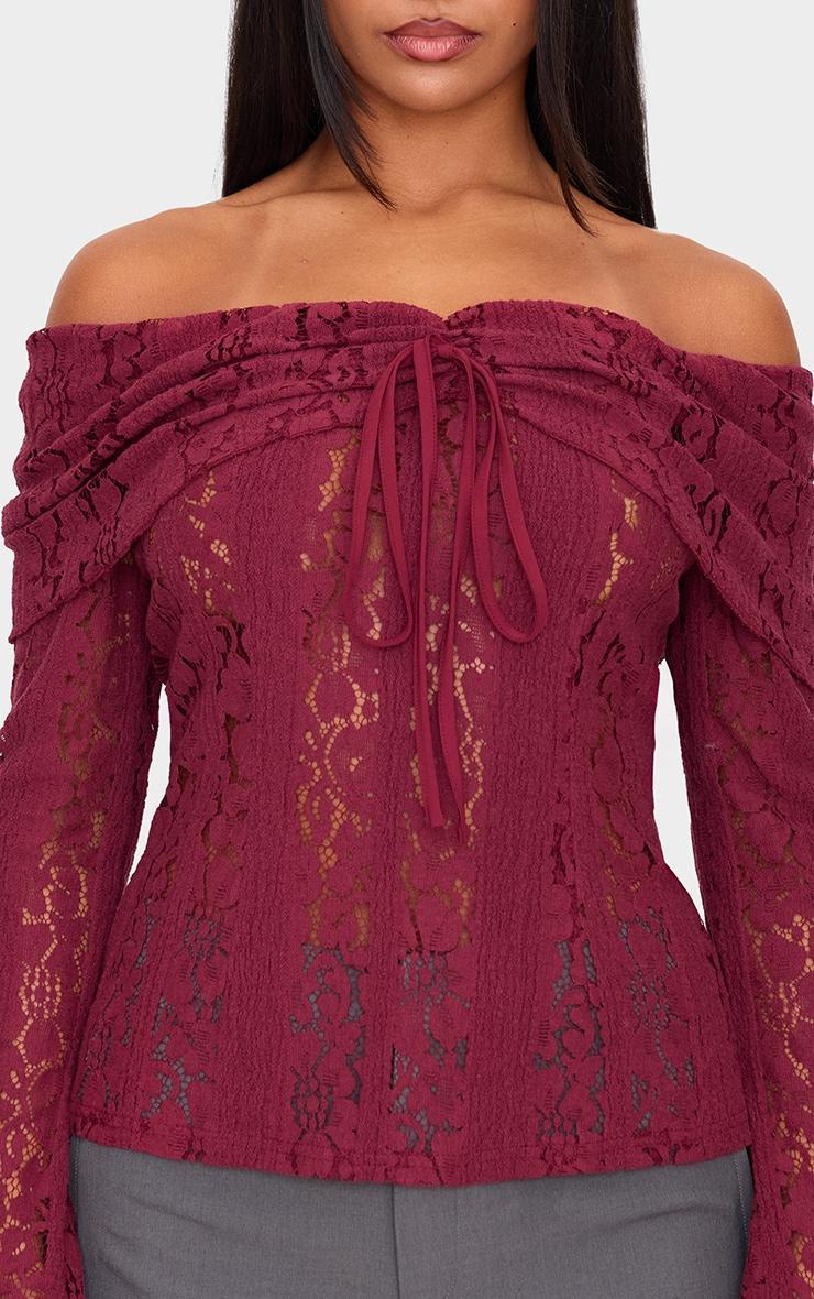 Plum Fitted Lace Flared Sleeve Bardot Top Product Image