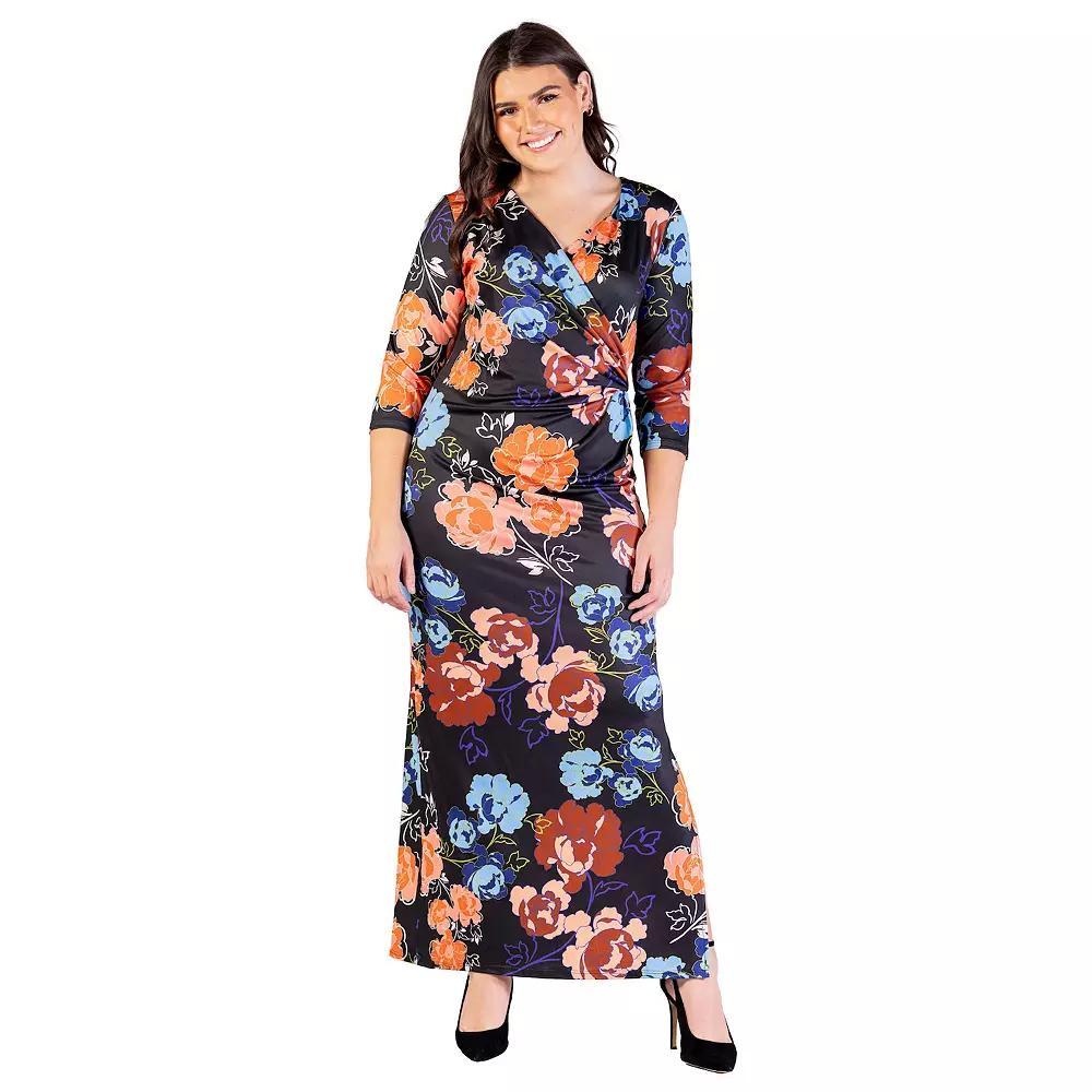 Plus Size 24Seven Comfort Apparel Black Floral Three Quarter Sleeve Side Slit Maxi Dress, Womens Blue Team Product Image