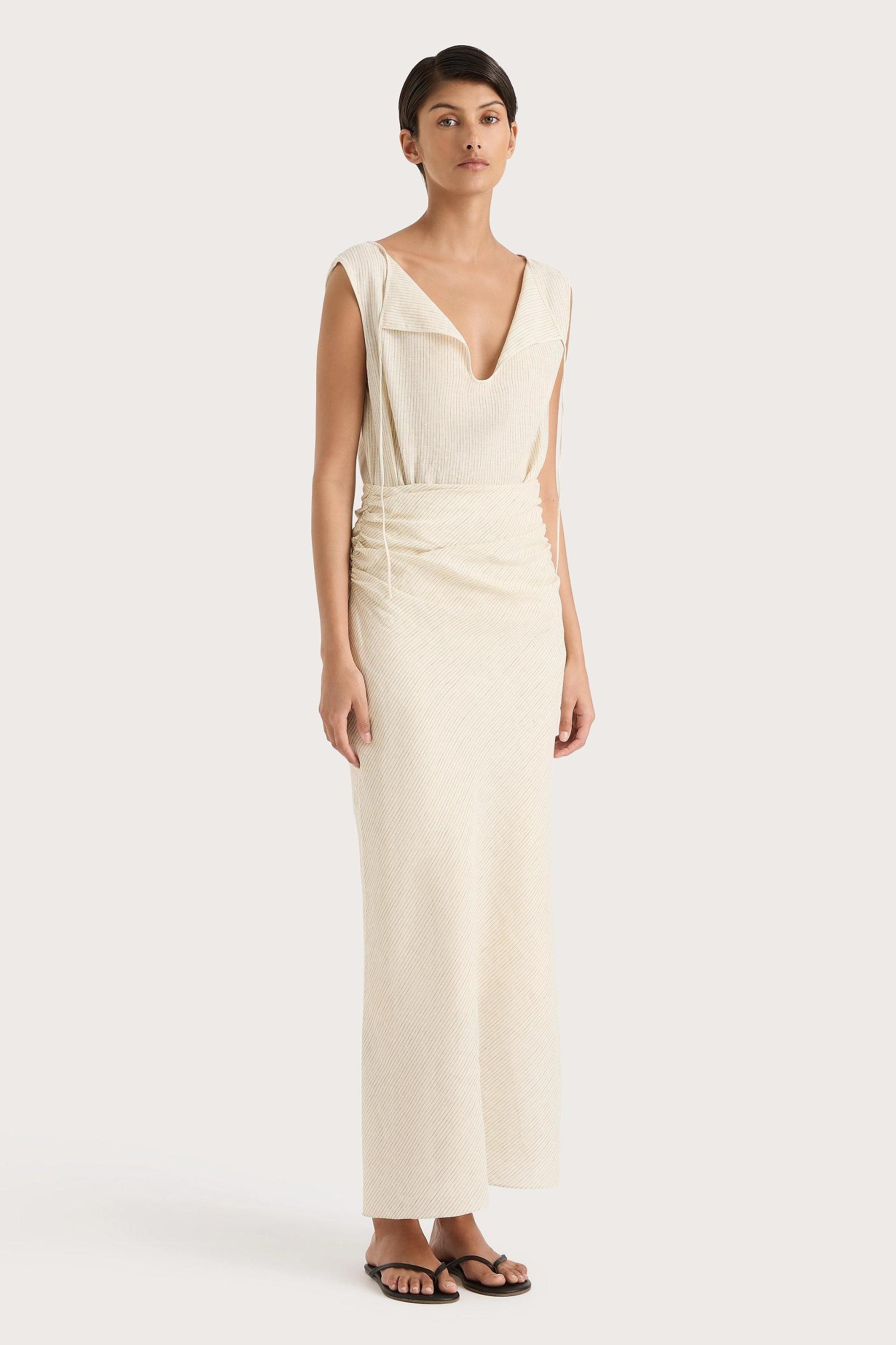 Aveline Dress Beige Pinstripe Product Image