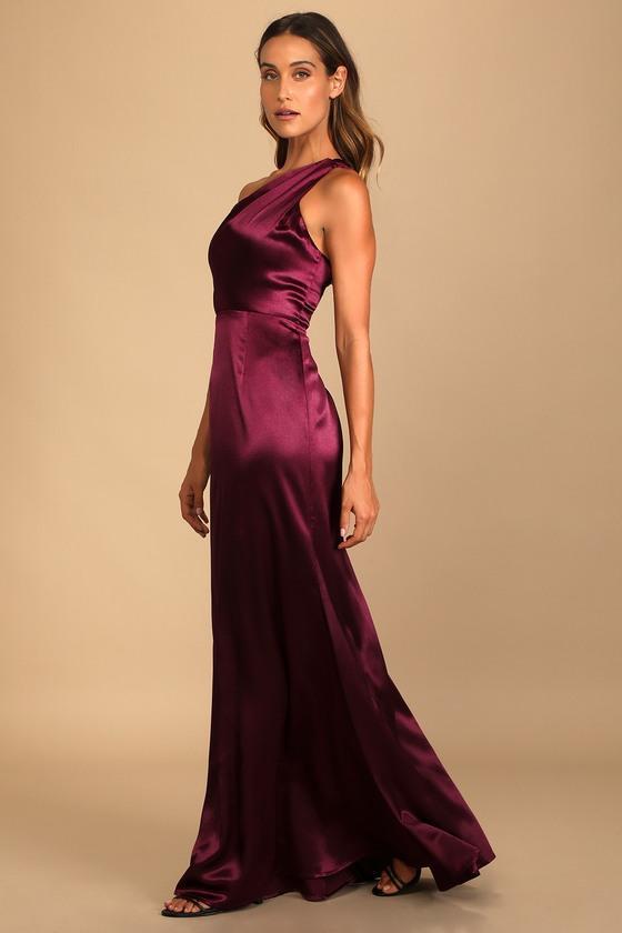 On the Guest List Burgundy Satin One-Shoulder Maxi Dress Product Image