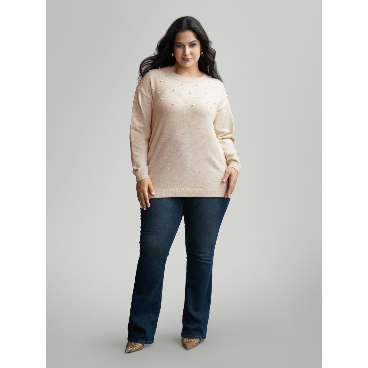Plus Size Round Neck Pearl Beaded Pullover Apricot Women Casual Long Sleeve Round Neck Everyday Pullovers BloomChic 12/L Product Image
