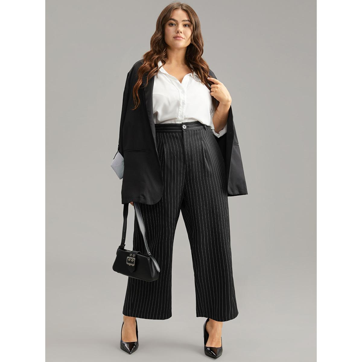 Plus Size Striped Button Up Wide Leg Pants Women Black Workwear Essentials Wide Leg High Rise Work Pants BloomChic 10/M Product Image