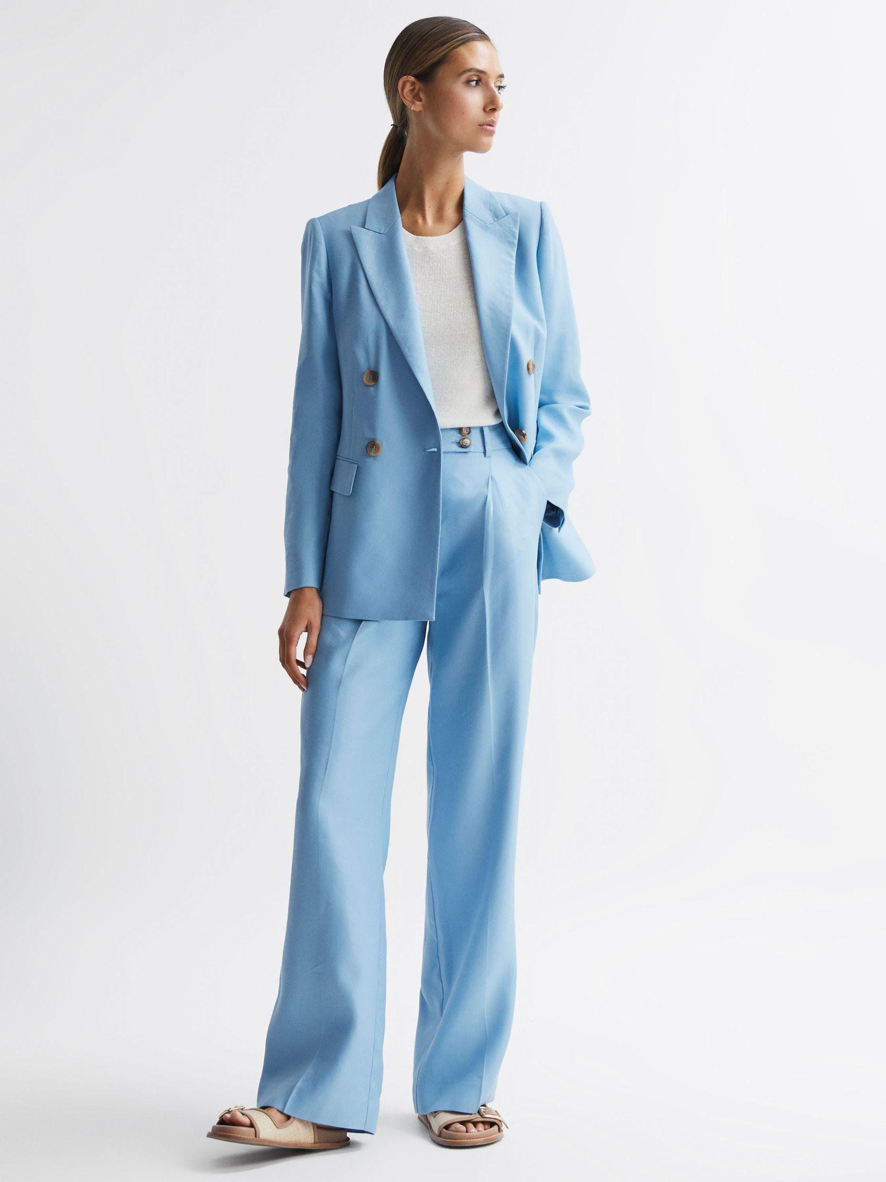 Petite Double Breasted Linen Blazer in Blue Product Image