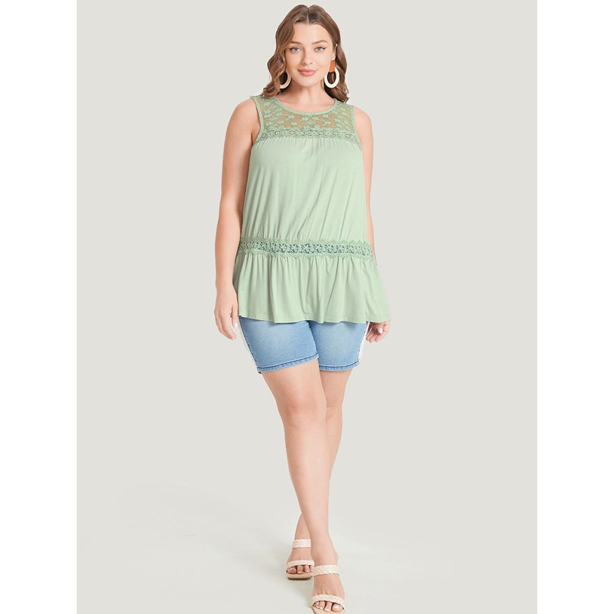 Plus Size Plain Contrast Lace Mesh Ruffle Hem Tank Top Women LightGreen Elegant Dailywear Tank Tops Camis BloomChic 14-16/1X Product Image