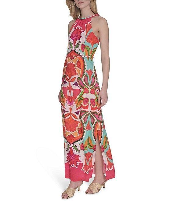 Vince Camuto Printed Halter Neck Sleeveless Belted Maxi A-Line Dress Product Image