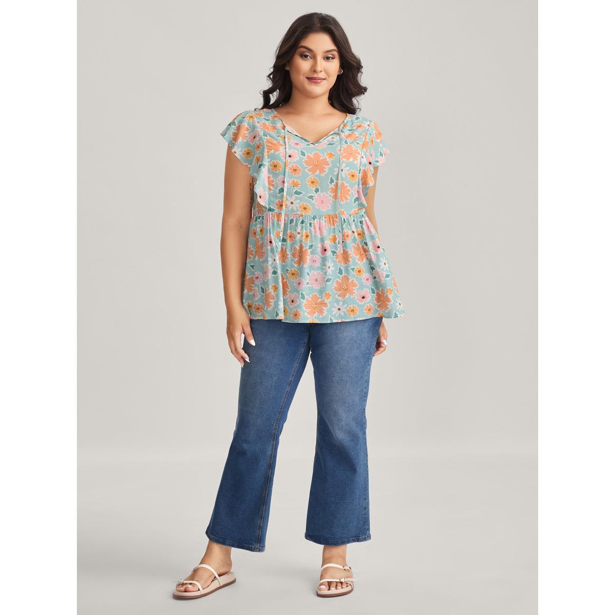 Plus Size Greenbean Floral Print Ruffled Sleeve Blouse Women Cap Sleeve Flat collar with V-notch Everyday-Casual Blouses BloomChic 10/M Product Image