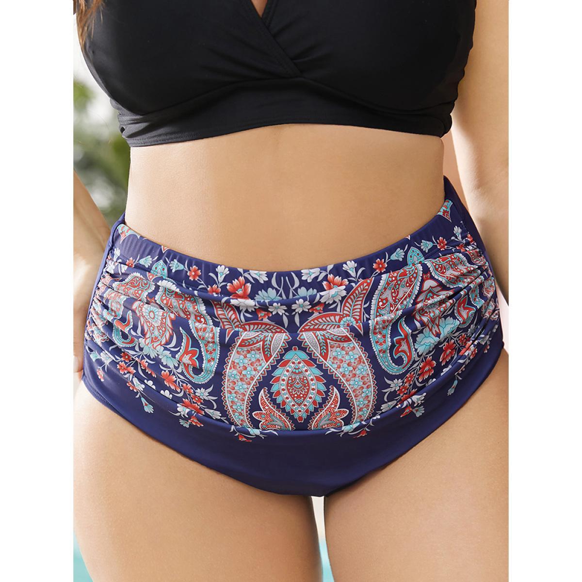 Plus Size Paisley Print Ruched Front Swim Bottom Women's Swimwear Navy Vacation Gathered High stretch Skinny High Rise Curve Swim Bottoms BloomChic 12/L Product Image