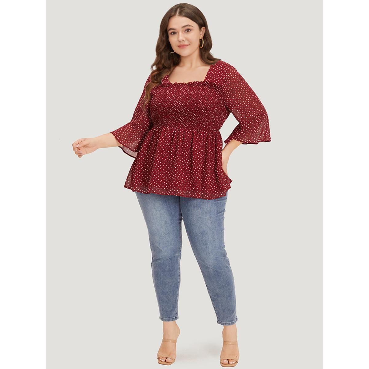 Plus Size Scarlet Leopard Print Frill Trim Shirred Mesh Square Neck Blouse Women Elegant Elbow-length sleeve Square Neck Dailywear Blouses BloomChic 14-16/1X Product Image