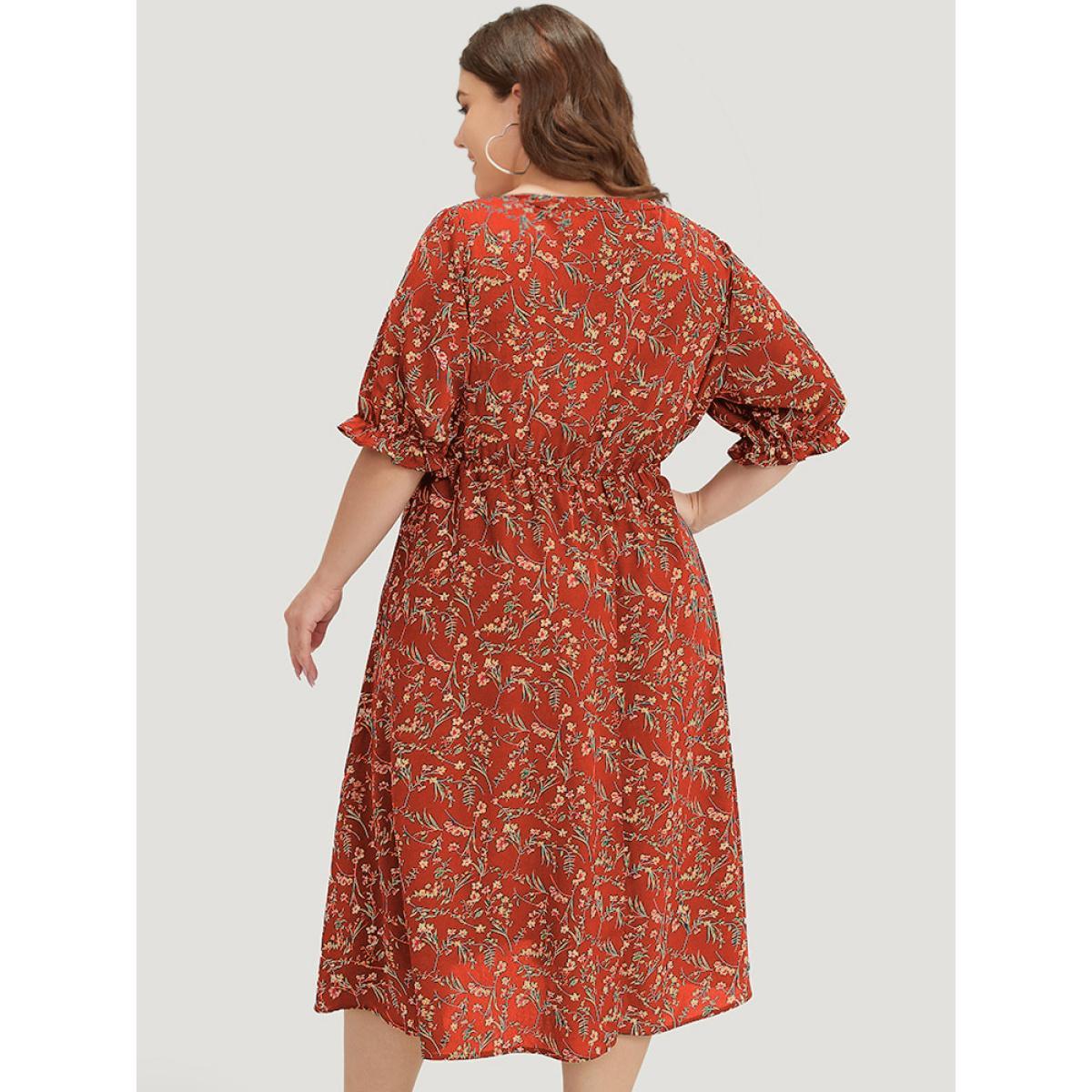 Plus Size Ditsy Floral Notched Flutter Trim Elastic Waist Dress Crimson Women Elegant Printed Notched collar Half Sleeve Curvy Midi Dress BloomChic 22-24/3X Product Image