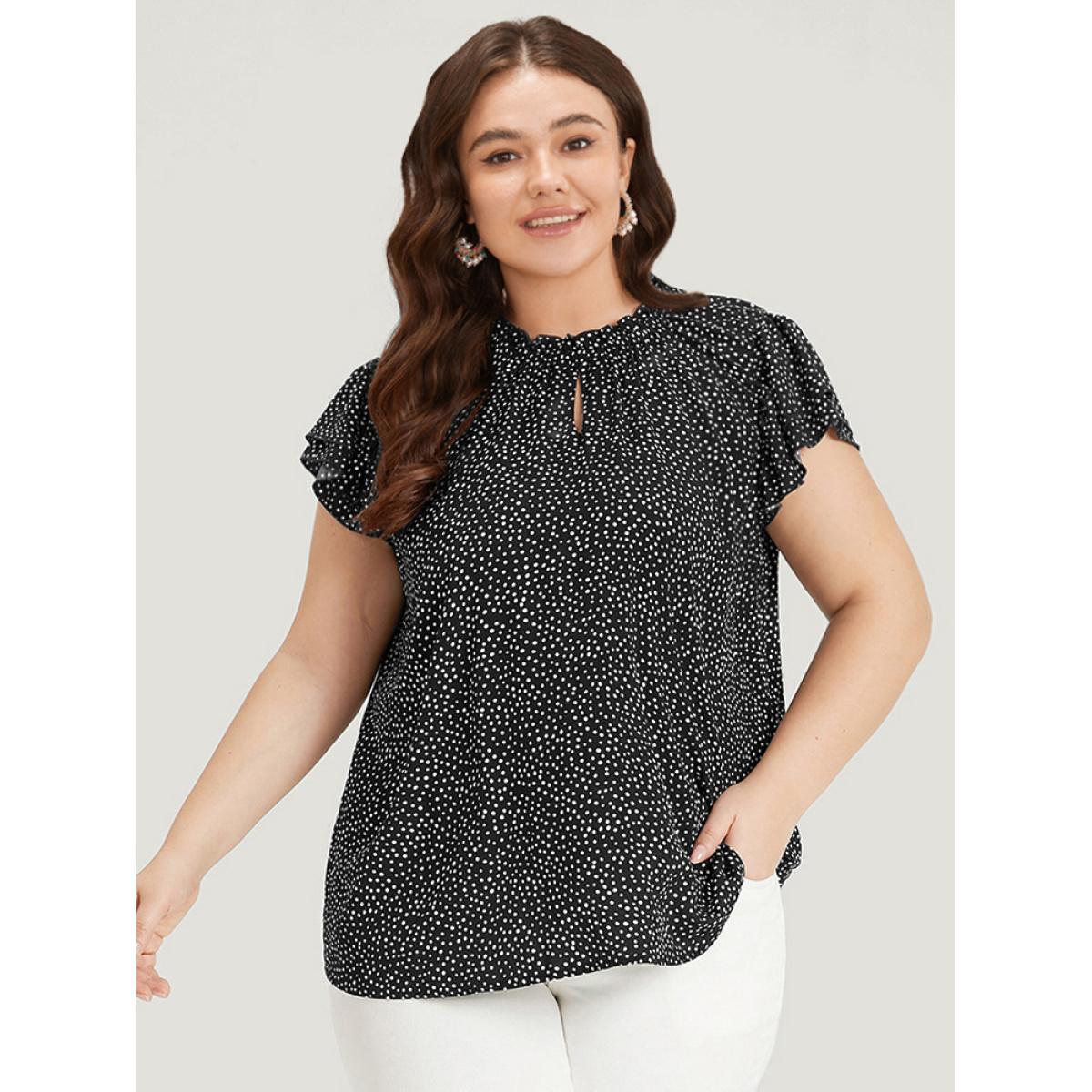 Plus Size Black Polka Dot Keyhole Flutter Trim Layered Blouse Women Office Cap Sleeve Halter neck Work Blouses BloomChic 12/L Product Image