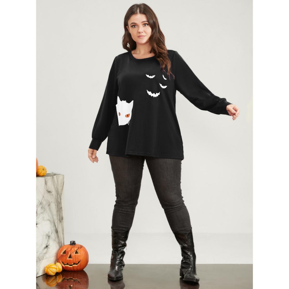 Plus Size Halloween Print Round Neck Drop Shoulder Sweatshirt Women Black Casual Printed V-neck Festival-Halloween Sweatshirts BloomChic 12/L Product Image