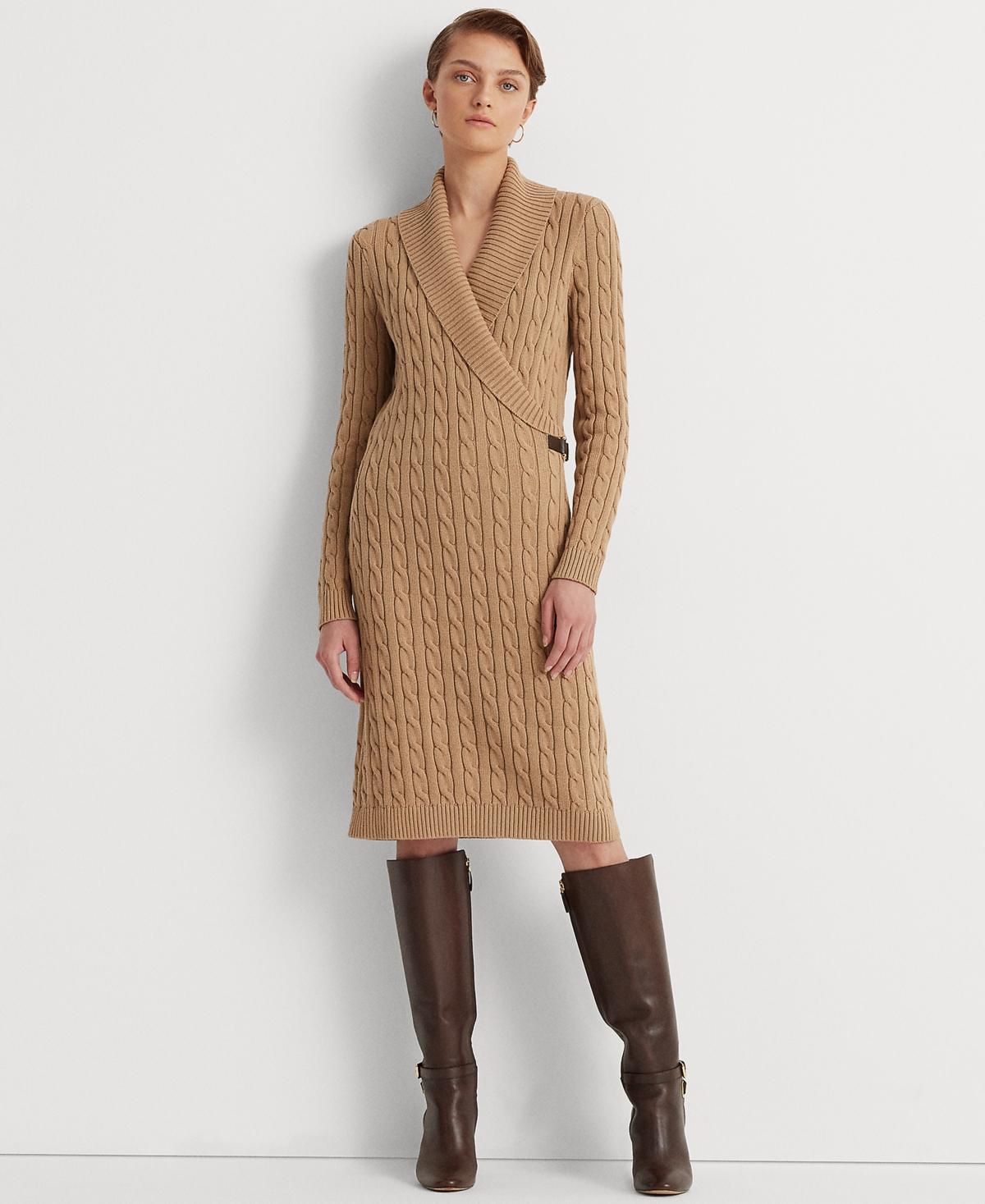 Lauren Ralph Lauren Cable-Knit Buckle-Trim Sweater Dress (Classic Camel) Women's Dress Product Image