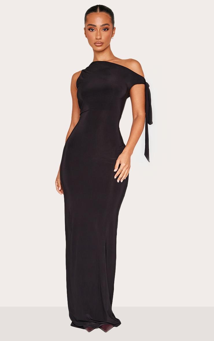 Petite Black Slinky Knot Detail Maxi Dress Product Image