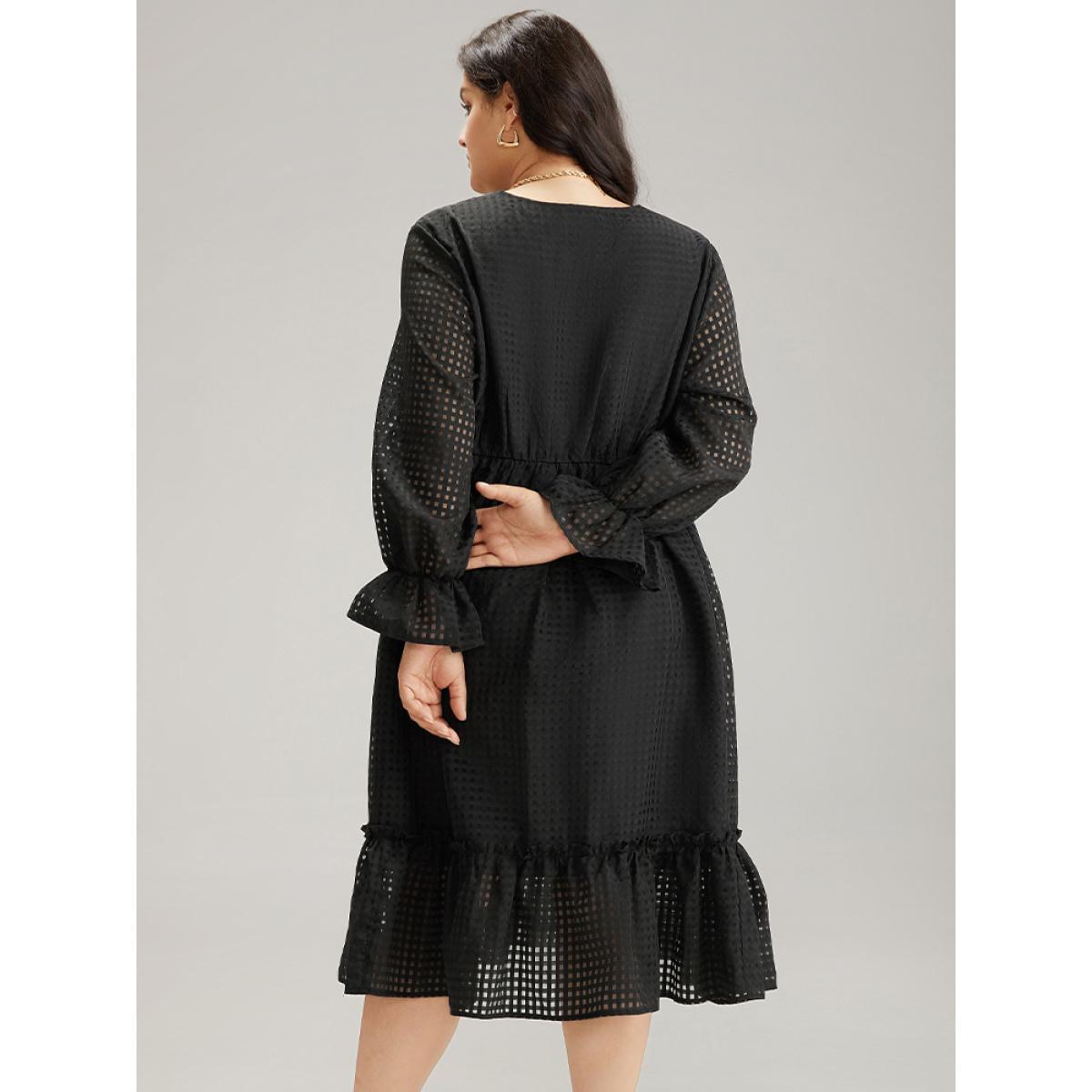 Plus Size Solid Pocket Mesh Frill Trim Dress Black Women Elegant See through V-neck Long Sleeve Curvy Midi Dress BloomChic 10/M Product Image