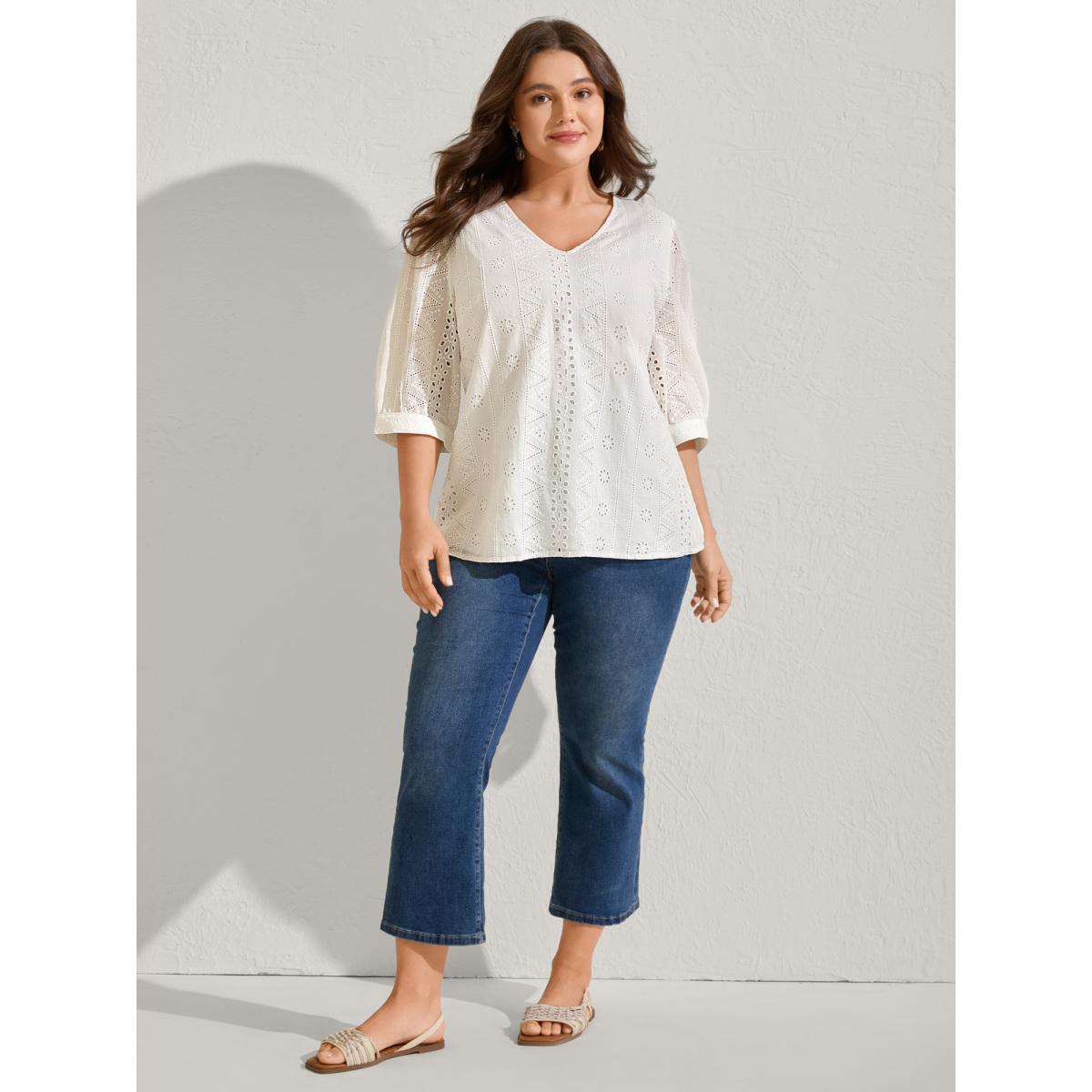 Plus Size WhiteSmoke Cotton Eyelet Embroidery V-Neck Blouse Women Elbow-length sleeve V-neck Vacation Blouses BloomChic 10/M Product Image