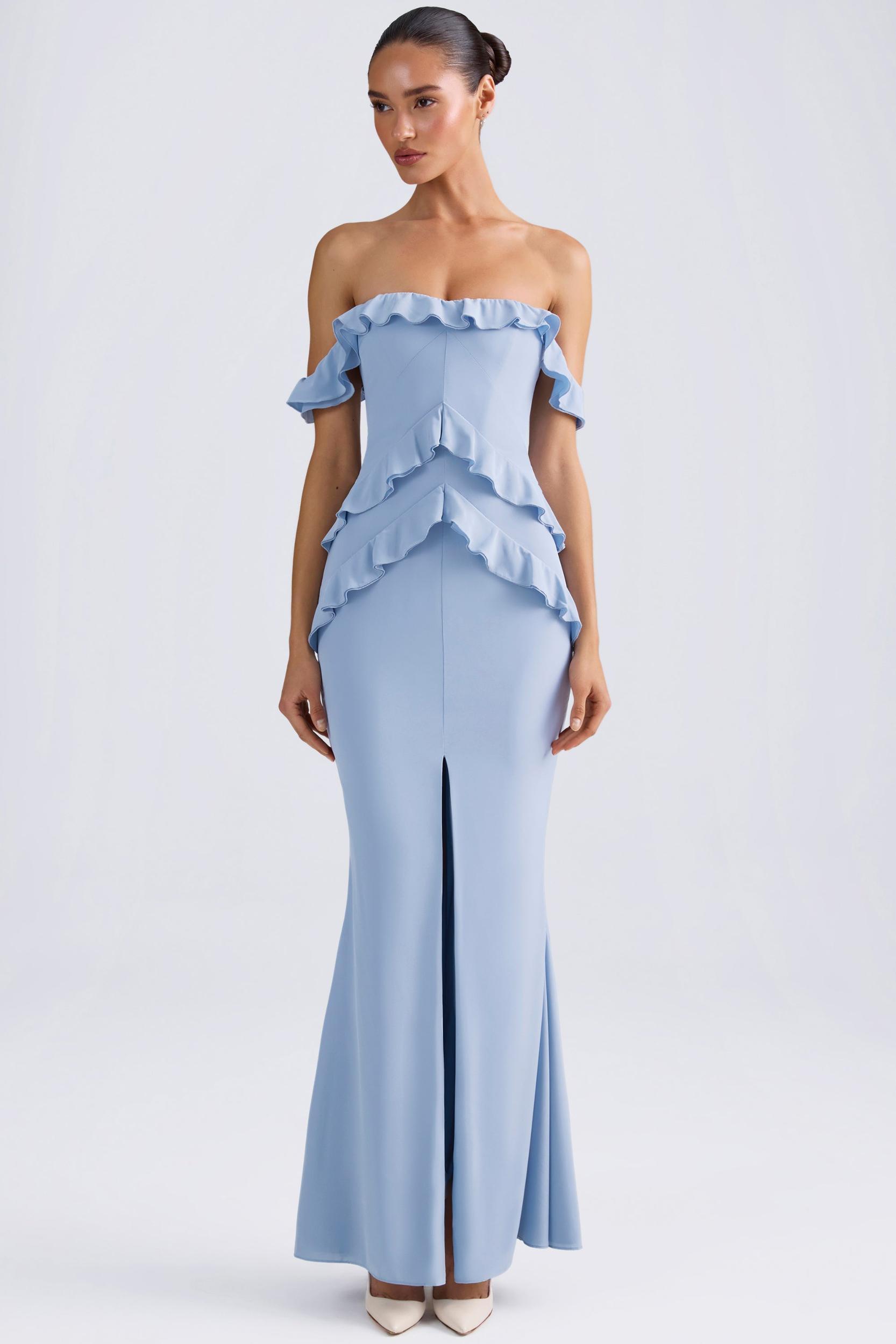 Off-Shoulder Ruffle-Trim Gown in Light Blue Product Image