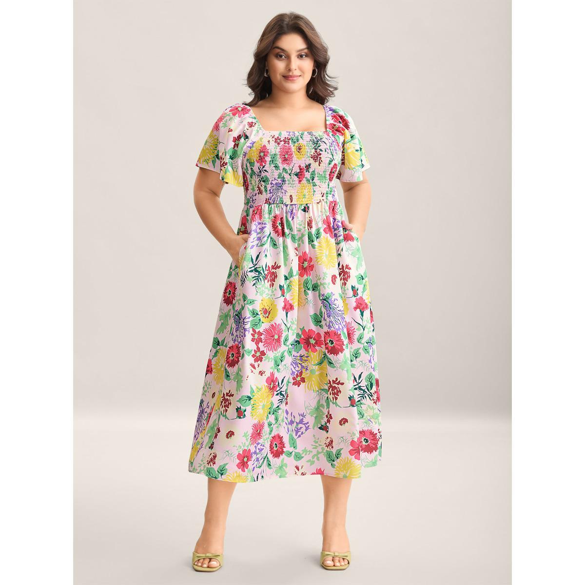 Plus Size Floral Shirred Square Neck Pocket Midi Dress Lightpink Women Elegant Non Square Neck Short sleeve Curvy Midi Dress BloomChic 10/M Product Image