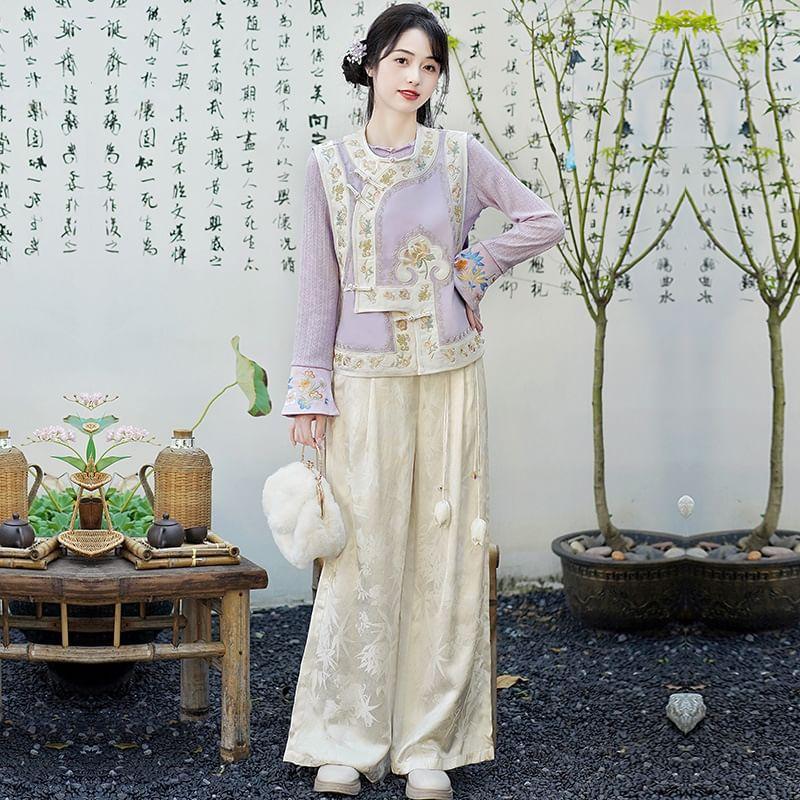Long-Sleeve Round Neck Floral Embroidered Top / High Waist Floral Jacquard Wide Leg Pants / Vest Product Image
