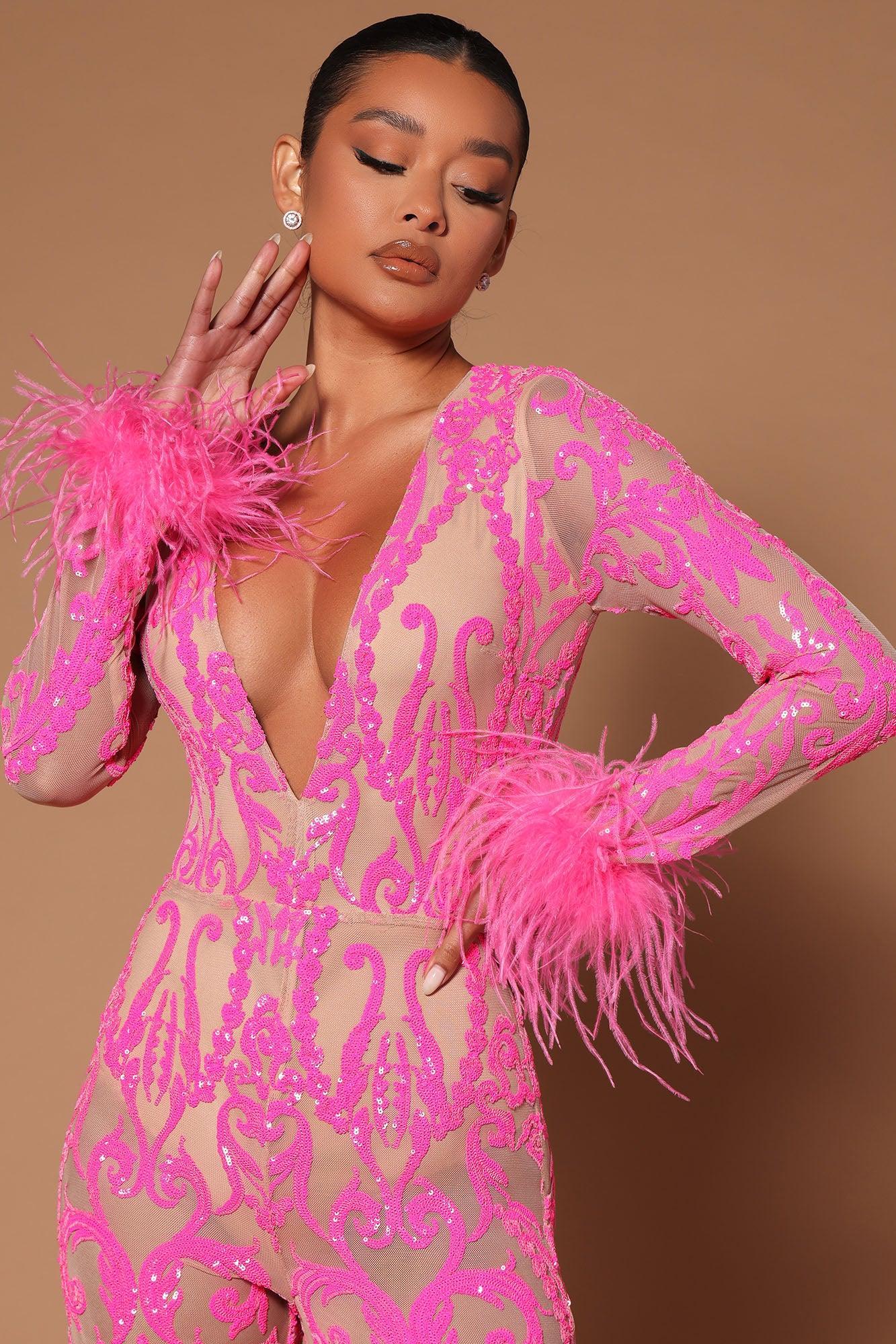 A Dancing Queen Sequin Feather Jumpsuit - Pink Product Image