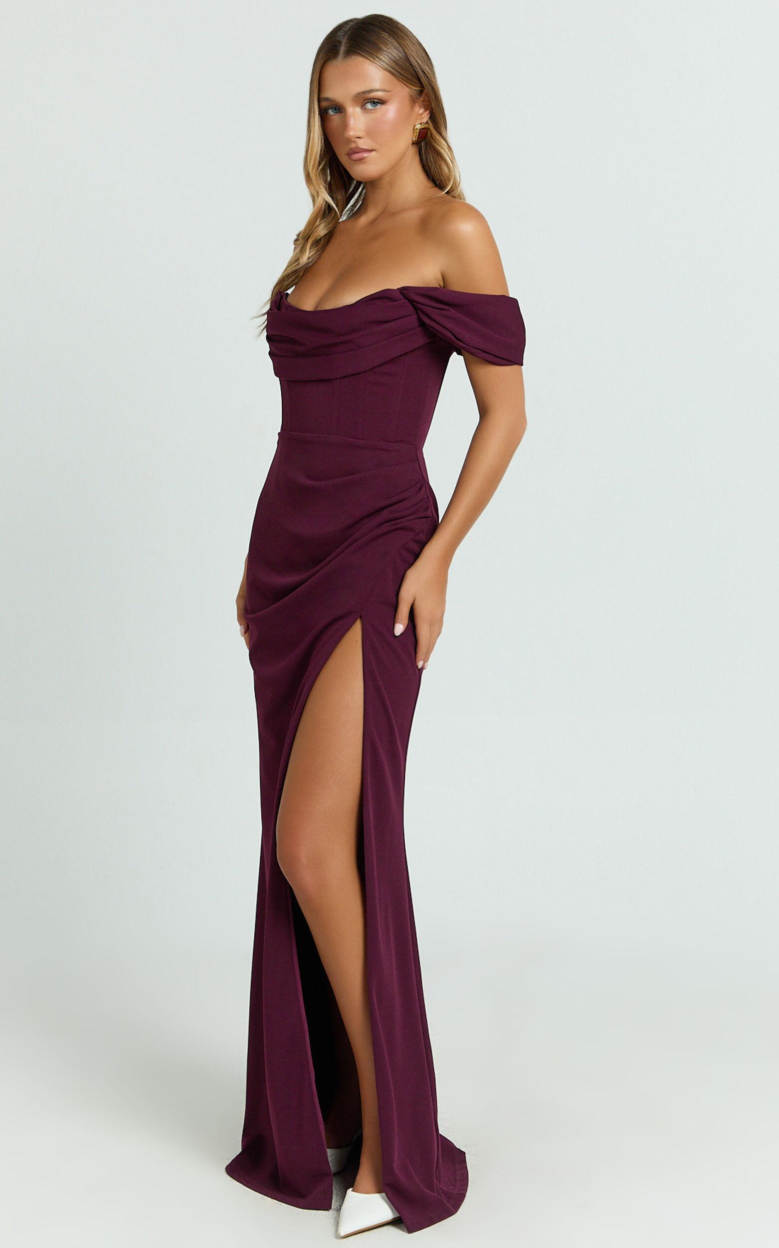 Marcel Maxi Dress - Off Shoulder Corset High Split Dress in Wine Product Image