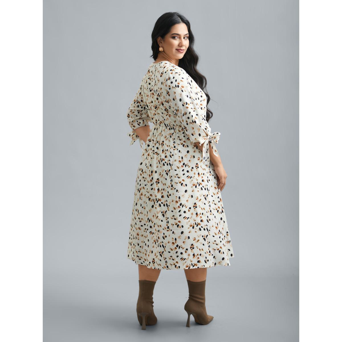 Plus Size Printed Stretchy Waist-Cinched Midi Dress Apricot Women Elegant Tie knot V-neck Elbow-length sleeve Curvy BloomChic 18-20/2X Product Image