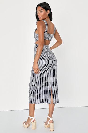 Charming Inspiration Navy Blue Gingham Backless Midi Dress Product Image
